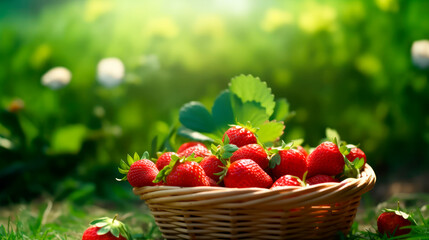 basket with organic strawberries in the field, generative ai - obrazy, fototapety, plakaty
