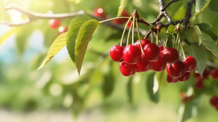 branch with cherries in the foreground with agricultural field background, ai generative
