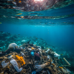photograph of plastic debris polluting the bottom of the ocean