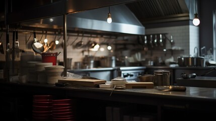 Professional restaurant kitchen interior, indoor dark background with furniture and utensils. AI generative image.