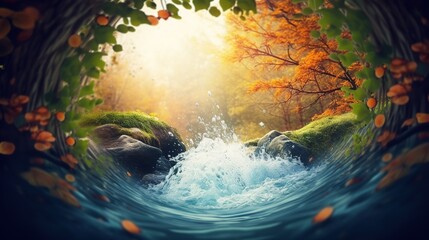 Autumn background with blue water splash and round copy space in the middle. AI generative image.
