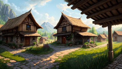 Fototapeta na wymiar Realistic medieval village environment. 3D Illustration. Fantasy art. Digital art