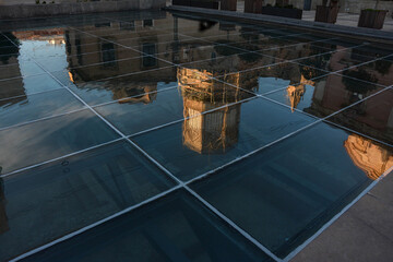 VALENCIA , SPAIN - DECEMBER 8 2021: mirroring historical buildings in Valencia old town