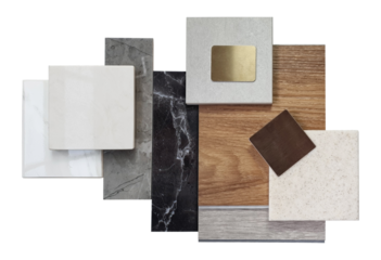 top view of interior luxury sample materials including black and gery marble stones, wooden vinyl flooring tiles, grainy quartz, ceramic tiles isolated on background with clipping path.