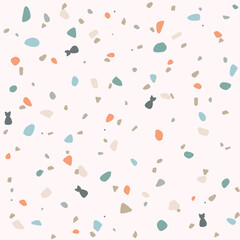 Terrazzo flooring vector seamless pattern in dark colors. Cute stone pattern with cat silhouette