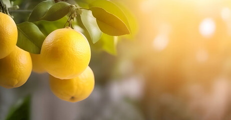 Close-up of ripe yellow lemons hanging on a lemon tree branch illuminated with sunlight on blurred background with copy space.