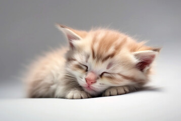 Tiny fluffy kitten sleeps sweetly.
