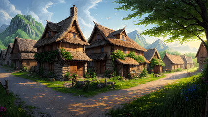Fototapeta na wymiar Realistic medieval village environment. 3D Illustration. Fantasy art. Digital art