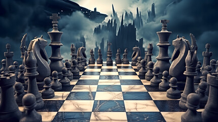 Ancient chess pieces on chessboard. Fantastic battlefield. AI generated