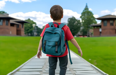 Obraz premium Student boy with backpack on way to school. Concept of back to school. AI generated