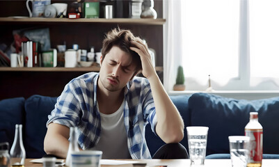Man suffering hangover after drinking alcohol. AI generated.