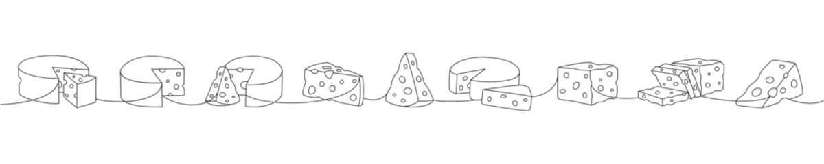 Fresh cheese one line continuous drawing. Different types of cheese continuous one line illustration. Vector minimalist linear illustration.