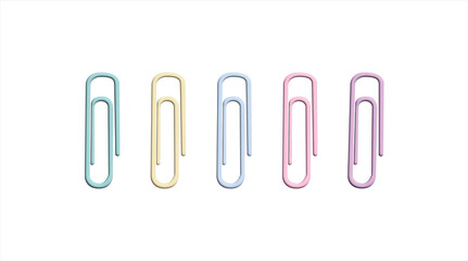 colorful paper clips Isolated for sticking paper on white background, 3d render