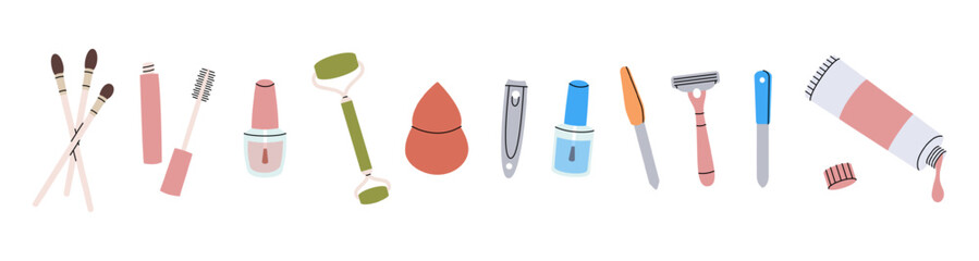 Set of makeup tools. Beauty tools silhouette. Eyeshadow brush, nail polish, massage roller, makeup sponge, nail tongs, safety razor.