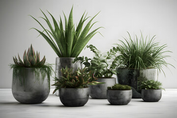 Variety of indoor plants in metal pots on a white wall background Generative AI