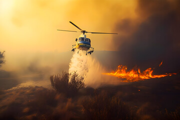 Firefighters from a helicopter drops water on burning grass natural fires fields and forests. A fire helicopter hovered over a field. Generative AI.