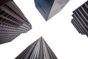 New York city skyscrapers isolated on transparent background, low angle view, PNG. United States of America