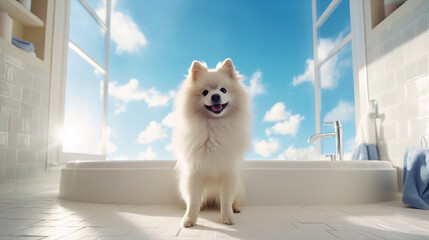 White fluffy Pomeranian dog in the bathroom with bright sky with fluffy clouds behind, Generative AI