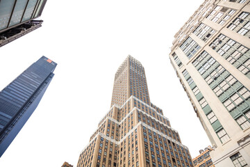 New York city skyscrapers isolated on transparent background, low angle view, PNG. United States of...