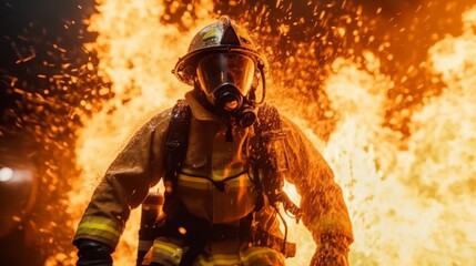A firefighter fights the flames with water and a fire extinguisher. Concept of bravery and heroism of firefighters. Generative AI