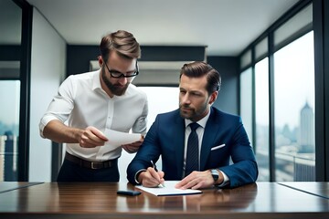 buisness man with agent sitting at a desk and doing paperwork in office 02. Generative AI