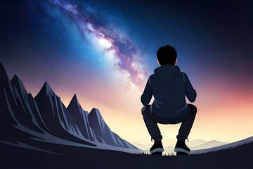 illustration of a boy looking at the stars 01. Generative AI