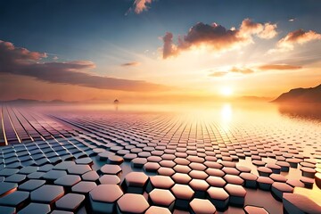 sci-fi abstract background with hexagons, sunset and mountains 05. Generative AI