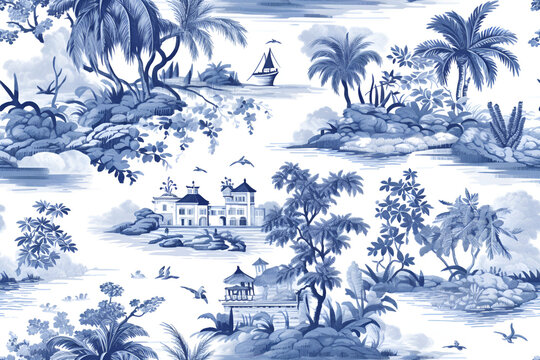 toile de jouy tropical island blue seamless image