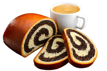 cup of coffee and bread with poppy seeds isolated on a transparent background