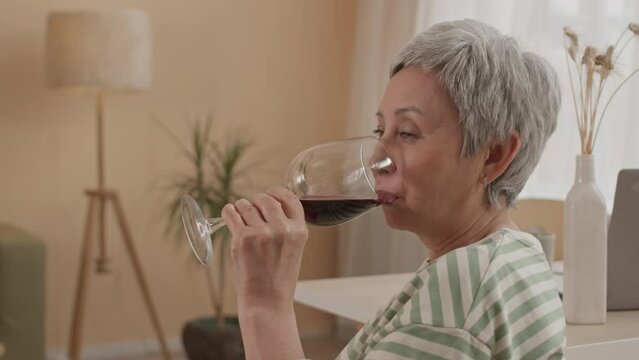 Chest up of contented and relaxed senior Asian woman drinking red wine and talking to friend resting at home at daytimeChest up of contented and relaxed senior Asian woman drinking red wine and talkin
