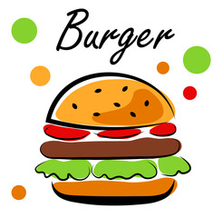 Tasty burger with fresh vegetables and meat on a white background. Vector illustration in doodle style