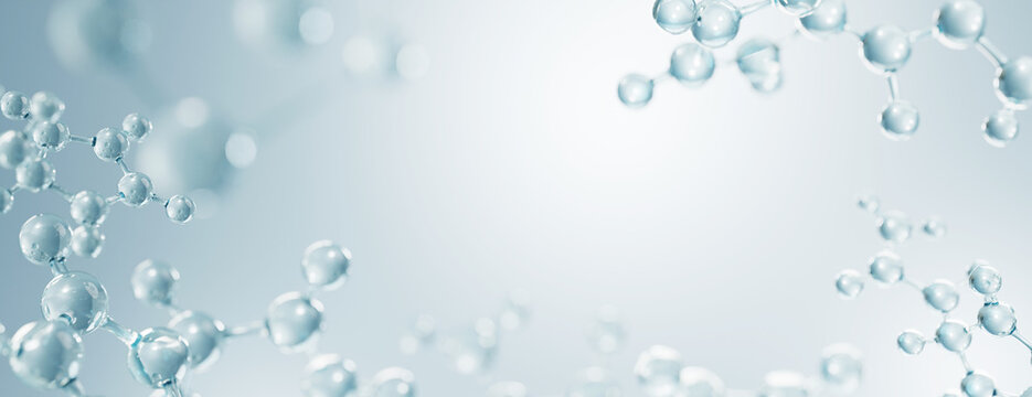 Science cosmetic, 3D Collagen serum and vitamin hyaluronic acid skin care solutions with cosmetic advertising background.