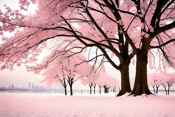 Cherry blossoms spread their charm on the bank of the lake 