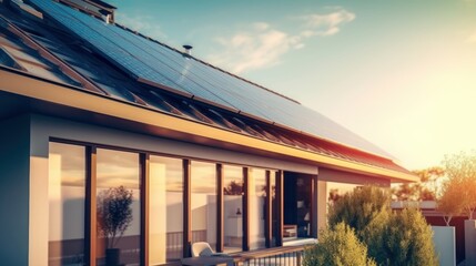 Fototapeta na wymiar Modern house with solar panels under a sunny sky. Concept of renewable energy. Generative AI