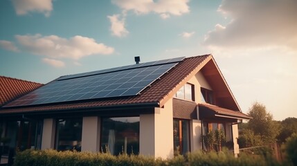 Obraz premium Modern house with solar panels under a sunny sky. Concept of renewable energy. Generative AI