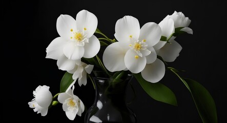 Three white flowers are in a vase on a black background, generative ai - obrazy, fototapety, plakaty