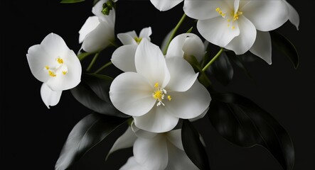 Naklejka na ściany i meble Three white flowers are in a vase on a black background, generative ai