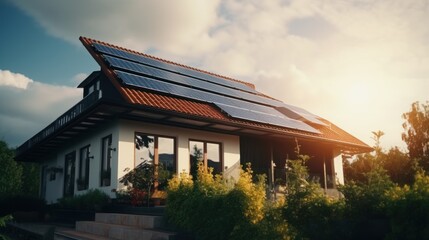 Modern house with solar panels under a sunny sky. Concept of renewable energy. Generative AI
