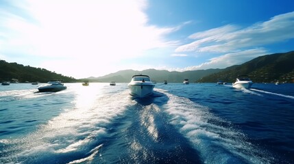 Boats sail on the blue ocean. Open water boating excitement and adventure concept. Generative AI