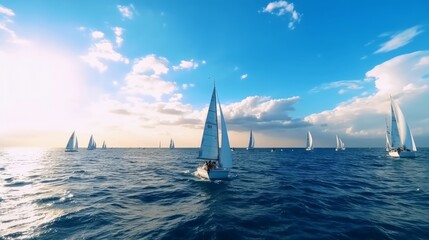 Obraz premium Boats sail on the blue ocean. Open water boating excitement and adventure concept. Generative AI