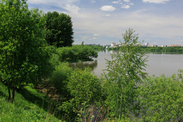 Landscape, view of the lake, river and the shore. Background for design