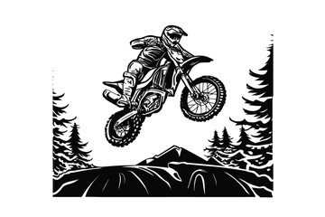 Motocross Rider Dirt bike Through Mountains Dirt Bike Vector Silhouette