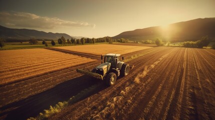 Fototapeta premium Tractor plants a field at sunrise. Concept of productivity and productivity of agriculture. Generative AI