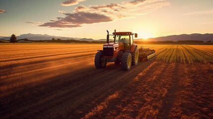 Obraz premium Tractor plants a field at sunrise. Concept of productivity and productivity of agriculture. Generative AI