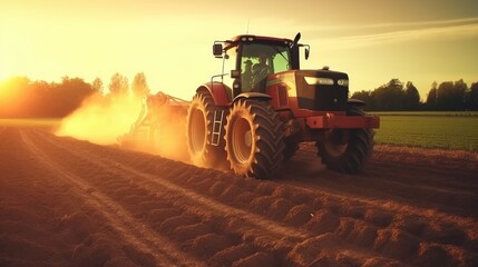 Tractor plants a field at sunrise. Concept of productivity and productivity of agriculture. Generative AI