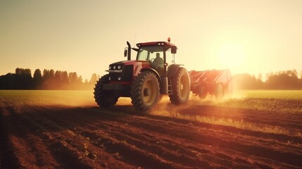 Naklejka premium Tractor plants a field at sunrise. Concept of productivity and productivity of agriculture. Generative AI