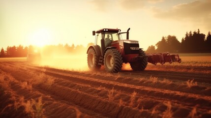 Fototapeta premium Tractor plants a field at sunrise. Concept of productivity and productivity of agriculture. Generative AI
