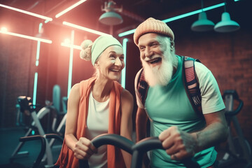 Old people healthy lifestyles, Gym, Fitness, doing sport, Elderly, people hiking and happy fitness , relax trekking together. Health, wellness , sport active lifestyle motivation with cardio.