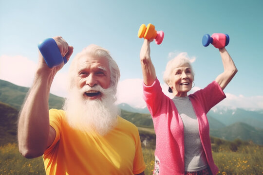 Old people healthy lifestyles, Gym, Fitness, doing sport, Elderly, people hiking and happy fitness , relax trekking together. Health, wellness , sport active lifestyle motivation with cardio.