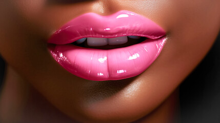 Plump passionate lips on dark-skinned girl, close-up. Sexy glossy lip makeup. Beautiful makeup, pink lipstick and gloss - obrazy, fototapety, plakaty